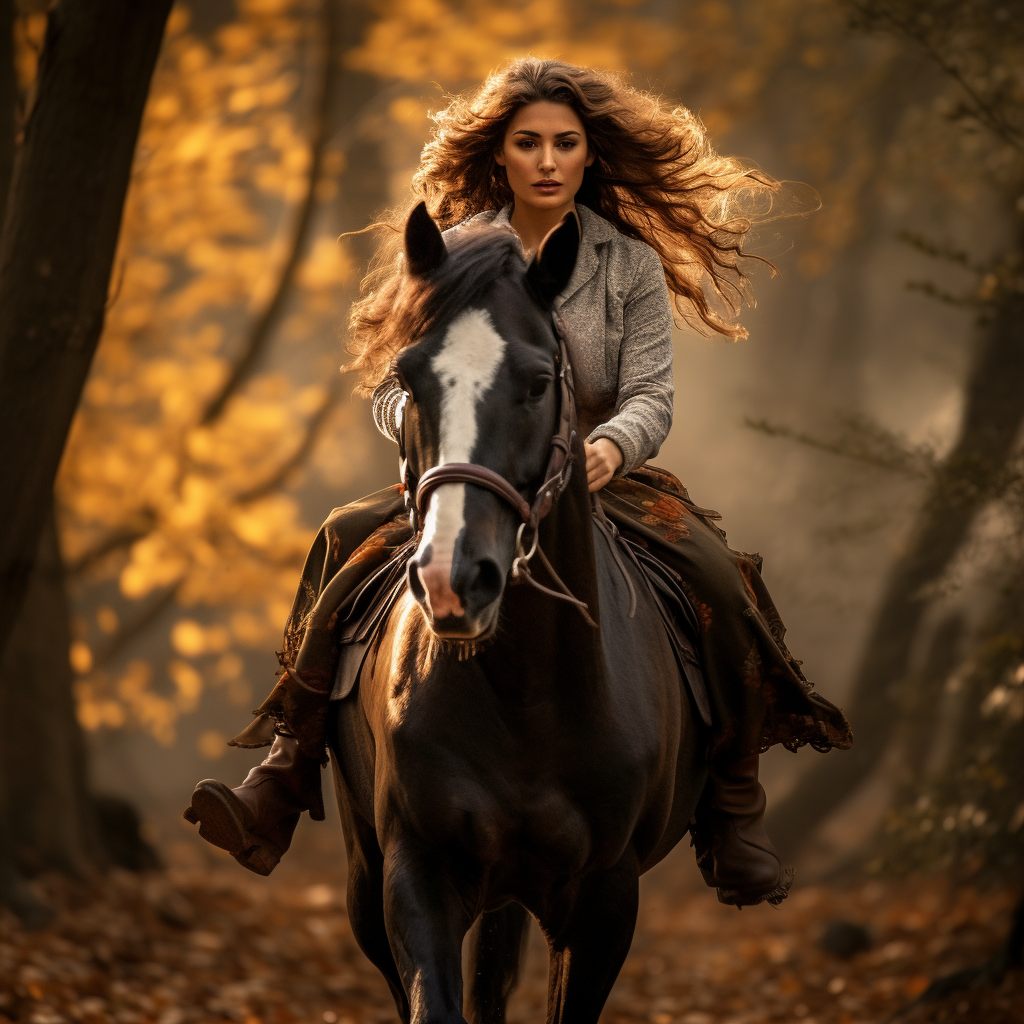 cheval plein de viatlité avec sa cavalière en automne